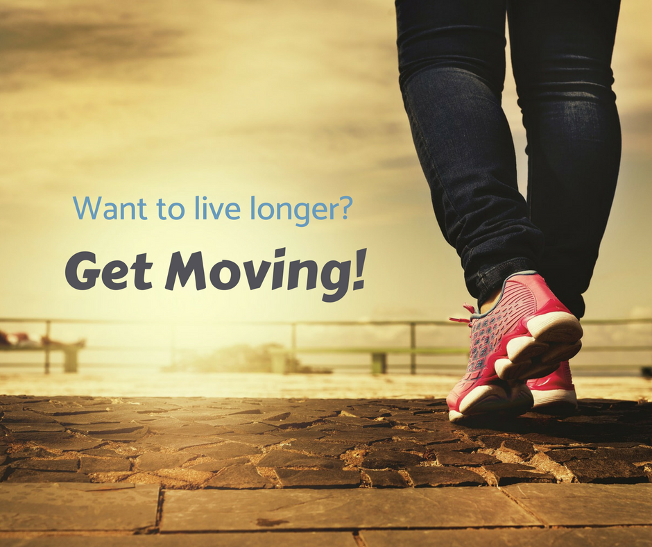 Woman with tennis shoes with text Want to Live Longer, Get Moving - Sitting is the New Smoking for blog post