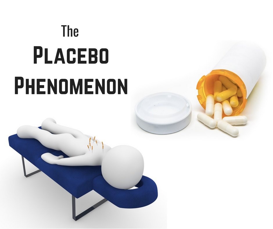 Drawing of person on table with acupuncture needles on chest with pills dumping out of bottle - text on image - The Placebo Phenomenon